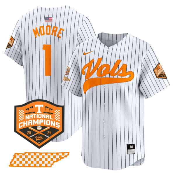 Tennessee Volunteers 2024 Champions Vapor Premier Limited baseball Jersey All Stitched Pinstripe #1 Christian Moore