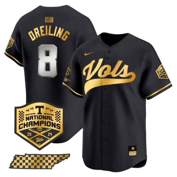 Tennessee Volunteers 2024 Champions Vapor Premier Limited baseball Jersey All StitchedBlack Gold #8 Dylan Dreiling