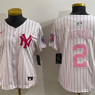 Women's New York Yankees #2 Derek Jeter White Pink Pinstripe Limited Stitched Baseball Jersey(Run Small)