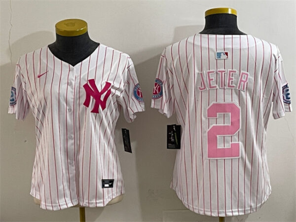 Women's New York Yankees #2 Derek Jeter White Pink Pinstripe Limited Stitched Baseball Jersey(Run Small)
