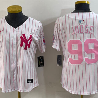 Women's New York Yankees #99 Aaron Judge White Pink Pinstripe Limited Stitched Baseball Jersey(Run Small)
