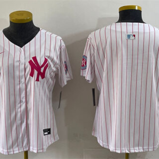 Women's New York Yankees Blank White Pink Pinstripe Limited Stitched Baseball Jersey(Run Small)