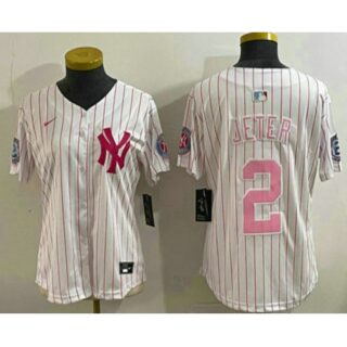 Women's New York Yankees #2 Derek Jeter White Pink Pinstripe Fashion Cool Base Jersey