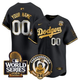 Custom Men's Dodgers Fernando Valenzuela & 2024 World Series Patch Vapor Premier Limited Jersey V3 All Stitched Black Gold