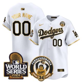 Custom Men's Dodgers Fernando Valenzuela & 2024 World Series Patch Vapor Premier Limited Jersey V3 All Stitched White Gold