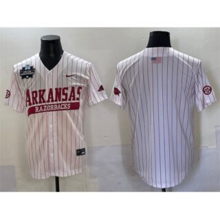 Men's Arkansas Razorbacks Blank White Pinstripe 2025 World Series & SEC Patch Stitched Jersey