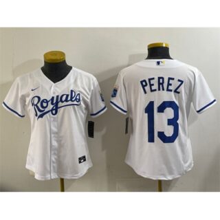 Youth Kansas City Royals #13 Salvador Perez White Cool Base Stitched Baseball Jersey