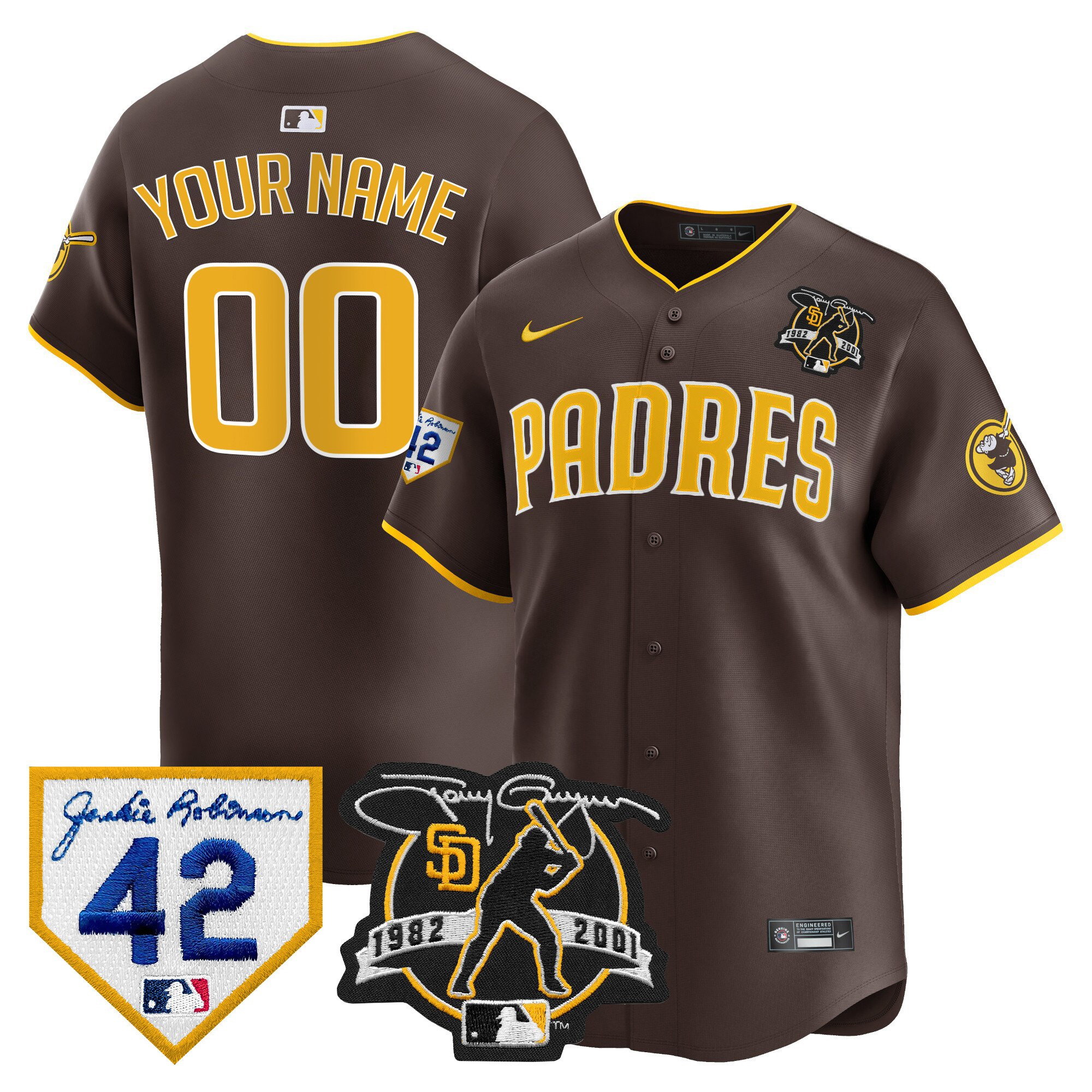 Custom San Diego Padres 2024 Tony Gwynn & Robinson Patch Vapor Premier Limited Jersey Brown
