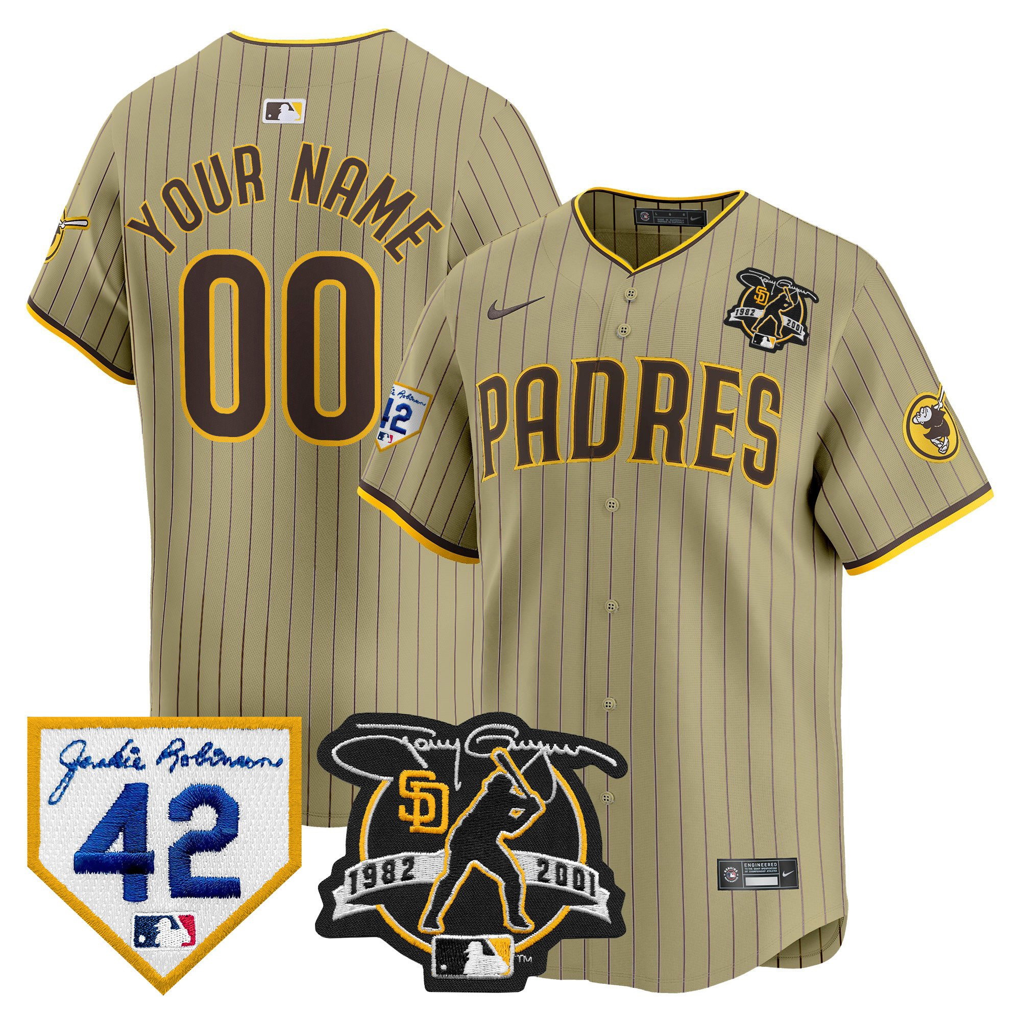 Custom San Diego Padres 2024 Tony Gwynn & Robinson Patch Vapor Premier Limited Jersey Tan