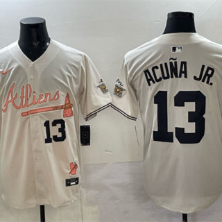 Men's Atlanta Braves #13 Ronald Acuna Jr. Cream 2024 Atliens & Peach With Outkast Patch Vapor Limited Stitched Baseball Jersey