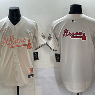 Men's Atlanta Braves Team Big Logo Cream 2024 Atliens & Peach With Outkast Patch Vapor Limited Stitched Baseball Jersey