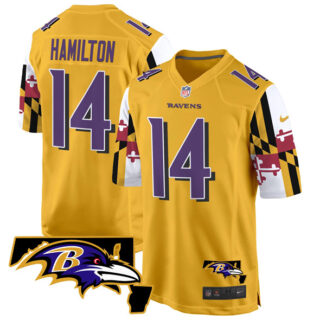 Men's Baltimore Ravens #14 Kyle Hamilton Gold 2025 Maryland Flag Vapor Limited Football Game Jersey