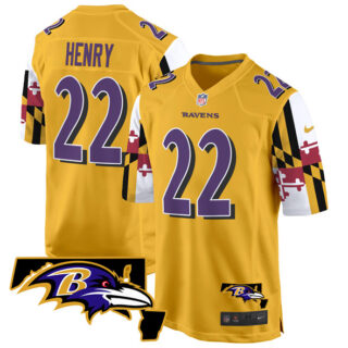 Men's Baltimore Ravens #22 Derrick Henry Gold 2025 Maryland Flag Vapor Limited Football Game Jersey