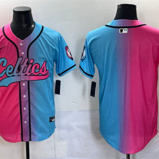 Men's Boston Celtics Blank Pink Blue Limited Stitched Baseball Jersey