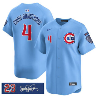 Men's Chicago Cubs #4 Pete Crow-Armstrong Blue 'Ryne Sandberg Tribute' Vapor Limited V3 Stitched Baseball Jersey