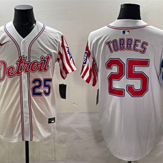 Men's Detroit Tigers #25 Gleyber Torres White 2025 Memorial Day Vapor Premier Limited Stitched Baseball Jersey
