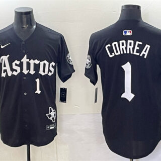 Men's Houston Astros #1 Carlos Correa Black Gothic 'Houston Born Barrio Raised' Limited Stitched Baseball Jersey 1