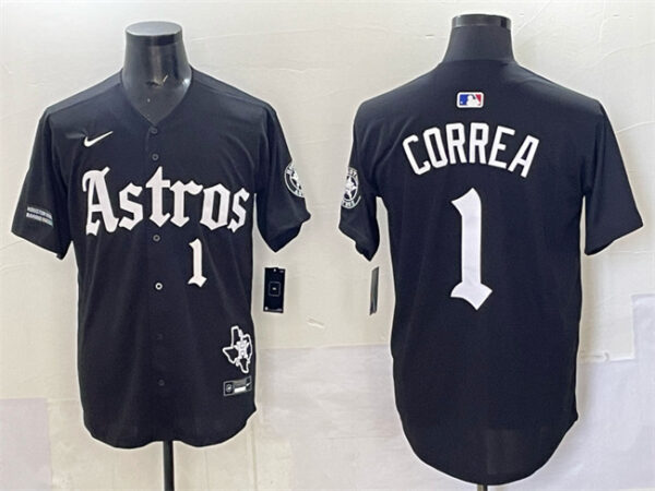 Men's Houston Astros #1 Carlos Correa Black Gothic 'Houston Born Barrio Raised' Limited Stitched Baseball Jersey 1