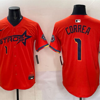 Men's Houston Astros #1 Carlos Correa Orange 2025 City Connect With Texas Patch Limited Stitched Baseball Jersey
