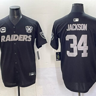 Men's Las Vegas Raiders #34 Bo Jackson Black With Nevada Silver Stat Patch And 65th Anniversary Patch 3-Star C Patch Stitched Baseball Jersey