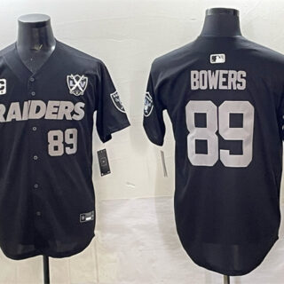 Men's Las Vegas Raiders #89 Brock Bowers Black With Nevada Silver Stat Patch And 65th Anniversary Patch 3-Star C Patch Stitched Baseball Jersey