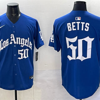 Men's Los Angeles Dodgers #50 Mookie Betts Blue 2025 LA Gothic Style With Fernando Patch Vapor Premier Limited Stitched Baseball Jersey
