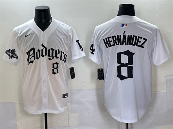 Men's Los Angeles Dodgers #8 Enrique Hernandez White 2025 LA Gothic Style With 2024 World Series Champions Patch Vapor Premier Limited Stitched Baseball Jersey