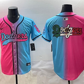 Men's Los Angeles Dodgers Team Big Logo Pink Blue Limited Stitched Baseball Jersey