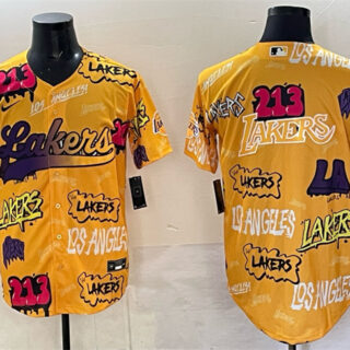 Men's Los Angeles Lakers Team Big Logo Yellow Limited Stitched Baseball Jersey