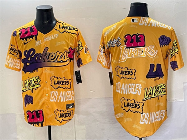 Men's Los Angeles Lakers Team Big Logo Yellow Limited Stitched Baseball Jersey