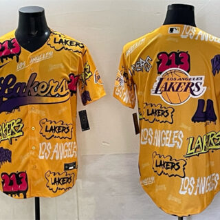 Men's Los Angeles Lakers Team Big Logo Yellow Limited Stitched Baseball Jersey