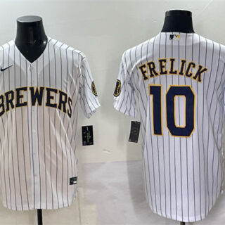 Men's Milwaukee Brewers #10 Sal Frelick White Pinstripe 2025 With Patch Stitched Baseball Jersey