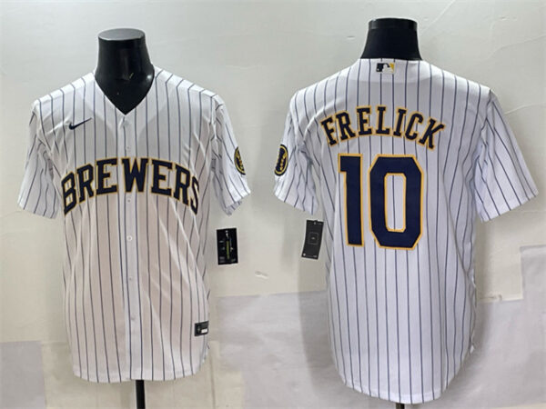 Men's Milwaukee Brewers #10 Sal Frelick White Pinstripe 2025 With Patch Stitched Baseball Jersey