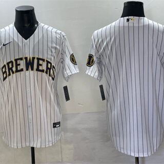 Men's Milwaukee Brewers Blank White Pinstripe 2025 With Patch Stitched Baseball Jersey