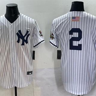 Men's New York Yankees #2 Derek Jeter White Strip World Series Limited Stitched Baseball Jersey