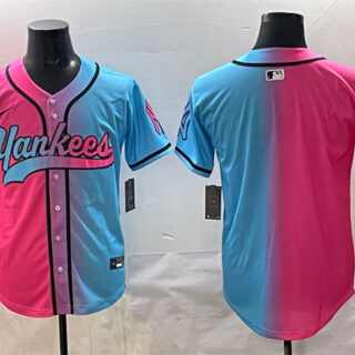 Men's New York Yankees Blank Pink Blue Limited Stitched Baseball Jersey