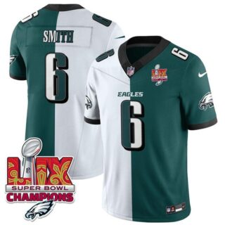 Men's Philadelphia Eagles #6 DeVonta Smith White Green Split 2025 Super Bowl LIX Champions Patch F.U.S.E. Vapor Untouchable Limited Stitched Football Jersey