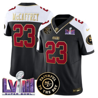 Men's San Francisco 49ers #23 Christian Mccaffrey Black Alternate 2025 F.U.S.E. Faithful & Super Bowl LVIII Patch Vapor Limited Stitched Football Jersey