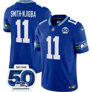 Men's Seattle Seahawks #11 Jaxon Smith-Njigba Royal 2025 F.U.S.E 50th Anniversary Patch Throwback Vapor Limited Stitched Football Jersey