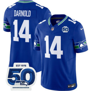 Men's Seattle Seahawks #14 Sam Darnold Royal 2025 F.U.S.E 50th Anniversary Patch Throwback Vapor Limited Stitched Football Jersey