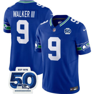 Men's Seattle Seahawks #9 Kenneth Walker III Royal 2025 F.U.S.E 50th Anniversary Patch Throwback Vapor Limited Stitched Football Jersey