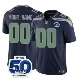 Men's Seattle Seahawks Active Player Custom Navy 2025 F.U.S.E. 50th Anniversary Patch Vapor Untouchable Limited Stitched Football Jersey