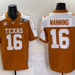 Men's Texas Longhorns #16 Peyton Manning Orange F.U.S.E. 2025 CFP Final With SEC Patch Stitched Jersey
