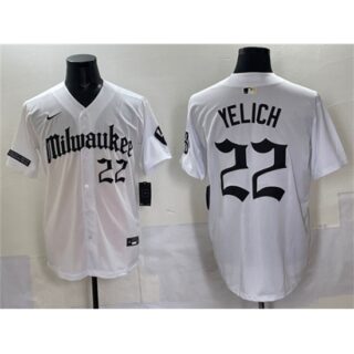 Men's Milwaukee Brewers #22 Christian Yelich White 'Gothic 414 Shadows Edition' Vapor Premier Limited Stitched Jersey