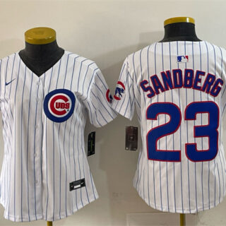 Women's Chicago Cubs #23 Ryne Sandberg White Pinstripe 'Ryne Sandberg Tribute' Vapor Limited V2 Stitched Baseball Jersey(Run Small)