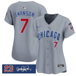 Women's Chicago Cubs #7 Dansby Swanson Gray 'Ryne Sandberg Tribute' Vapor Limited V3 Stitched Baseball Jersey(Run Small)