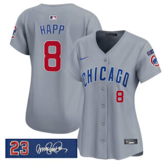 Women's Chicago Cubs #8 lan Happ Gray 'Ryne Sandberg Tribute' Vapor Limited V3 Stitched Baseball Jersey(Run Small)