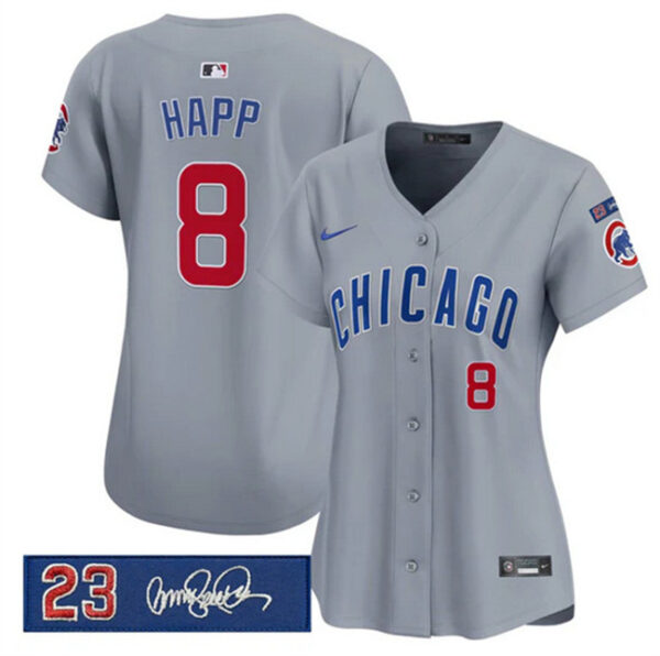 Women's Chicago Cubs #8 lan Happ Gray 'Ryne Sandberg Tribute' Vapor Limited V3 Stitched Baseball Jersey(Run Small)