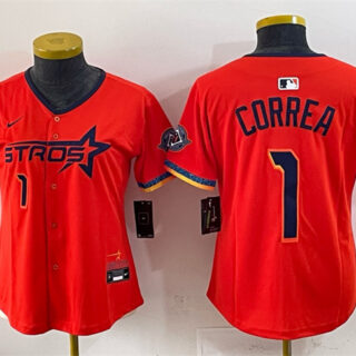 Women's Houston Astros #1 Carlos Correa Orange 2025 City Connect With Texas Patch Limited Stitched Baseball Jersey(Run Small)