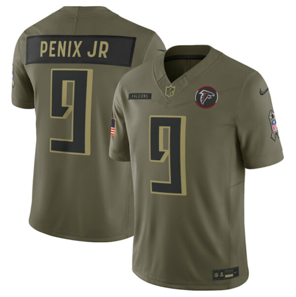 Men's Atlanta Falcons #9 Michael Penix Jr Olive 2025 Salute to Service Limited Stitched Football Jersey